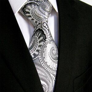 Dark Grey White Silver Black Paisley DESIGN 100% SILK TIE Jacquard Woven Floral
